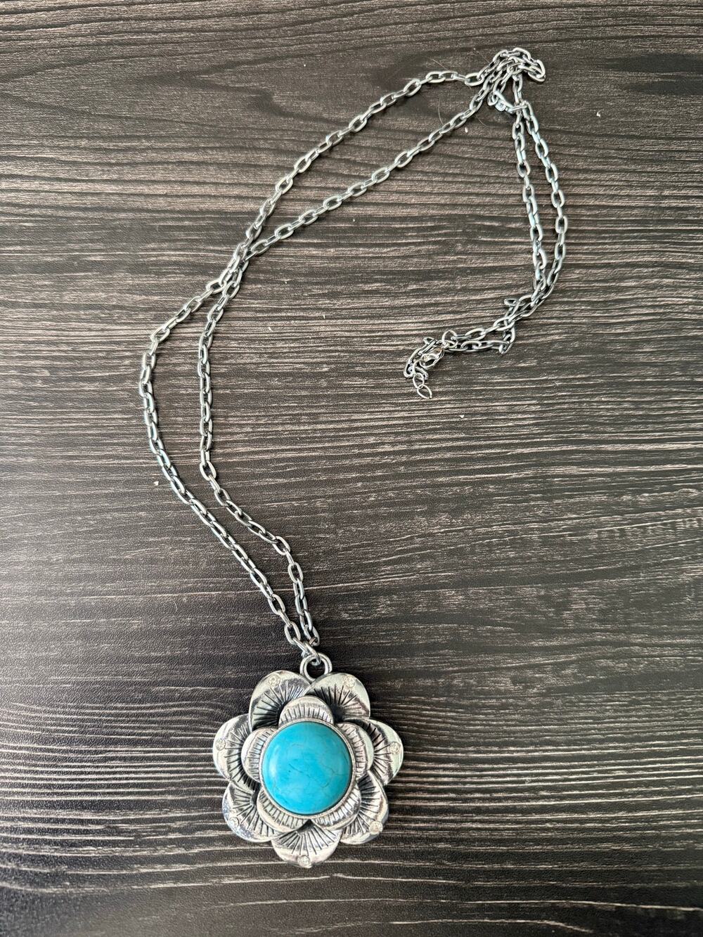 Paparazzi Floral Forum Turquoise Silver Flower Long Necklace